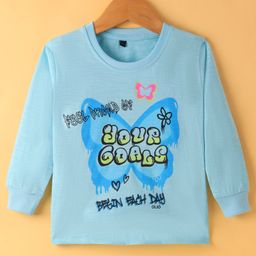 Olio Kids Cotton Knit Full Sleeves T-Shirt With Text Print -  Sky Blue-image-80