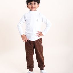 Kiddopanti Cotton Full Sleeves Turtle Neck Brand Logo Printed Tee With Track Pant Set - White & Coffee Brown-image-8
