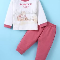 Zero Interlock Knit Full Sleeves T-Shirt & Joggers Set with Animal & Text Print -Off White &Rose Gold-picture-12