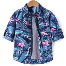 Rikidoos Full Sleeves Leaves Printed Shirt With Attached Tee - Blue & Grey-image-83