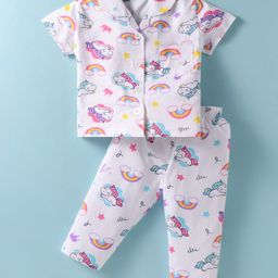 Little Darlings Sinker Knit Half Sleeves Night Suit with Unicorn Print - White-image-24