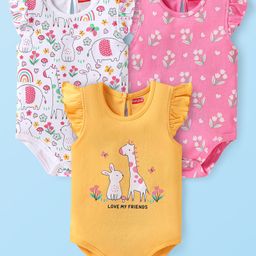 Babyhug 100% Cotton Knit Frill Sleeves Onesieswith Jungle Theme Print Pack of 3 - Yellow White & Pink-image-95