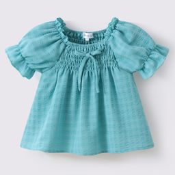 Mark & Mia Half Puffed Sleeves Solid Color Textured Top with Smocking - Turquoise-image-81