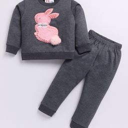 M'andy Fleece Full Sleeves Pearl Embellished Rabbit Patch Coordinating Track Suit Set - Grey-image-9