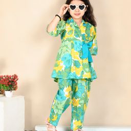 Superminis Cotton Full Sleeves Floral Printed Shirt Style Top With Coordinating Pant Set - Green-image-84