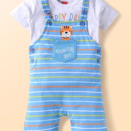 Babyhug Single Jersey Knit Half Sleeves T-Shirt & Dungaree with Text Print & Stripes - White & Light Blue-picture-11