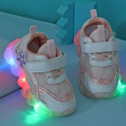KIDLINGSS Heart & Floral Applique Detailed & Foil Printed With Velcro Closure LED Shoes - Light Pink-picture-9