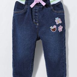 Little Kangaroos Woven Full Length Denim Jeans With Adjustable Elastic & Patch Detailing - Navy Blue-image-72