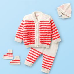 Babyhug Knitted Full Sleeves Striped Front Open Sweater Set with Pair of Booties & Cap - Red & White-picture-6