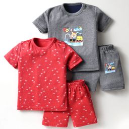 Kidi Wav Cotton Pack Of 2 Half Sleeves Hearts & Ship Printed Tees With Coordinating Shorts Set - Multi Colour-image-56