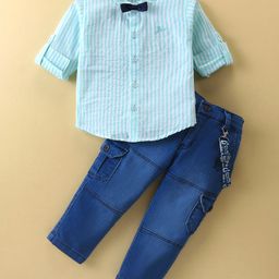 Dapper Dudes Full Sleeves Striped Suspender Shirt With Bow & Pant Set - Sea Green-image-84