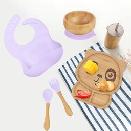 Kids Station 10 Piece Bamboo Feeding Set in Purple for Newborns and Toddlers Includes Panda Plate Spoon Fork Bowl Bib Sipper with Straw and Cap and Two Suction Rings BPA-11