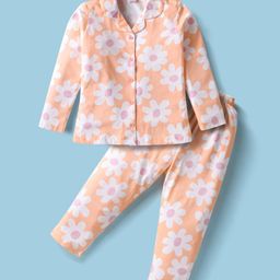 Smarty Sinker Knit Full Sleeves Co-ords Front Open Night Suit With Floral Print - Orange-image-33