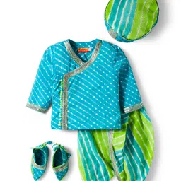 Exclusive from Jaipur Cotton Woven Full Sleeves Striped Kurta Dhoti Set With Booties - Green-picture-1