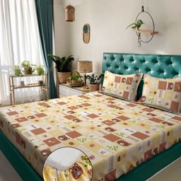 Myntra Elegant Homes Yellow & Brown Graphic 400 TC King Bedsheet with 2 Pillow Covers-image-62