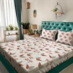KLOTTHE Beige And Red Floral Printed Cotton 400 TC Double Bedsheet Set 2.50 m x 2.20 m-3