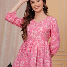 VICITRA Women Floral Printed Gathers Cotton Tunic-image-37
