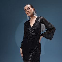 bebe Future Glam Sequined Flared Sleeve Dress-image-16