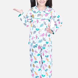BownBee Girls White & Blue Printed Night Suit-image-15