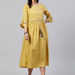 STREET 9 Women Mustard Yellow Embroidered A-Line Dress-image-9
