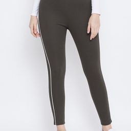 Clora Creation Women Olive Green & White Striped Treggings-image-53