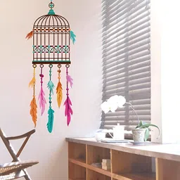 INDIAN ROYALS Green & PinkCartoon Bird Cage Feather Self Adhesive Wall Sticker-image-5