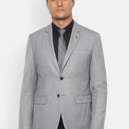 Louis Philippe Men Grey Checked Slim-Fit Single-Breasted Formal Blazer-image-49
