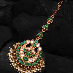 aadita Gold-Plated Green & White Stone-Studded & Beaded Handcrafted Maangtikka-image-63