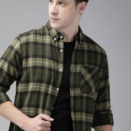 THE BEAR HOUSE Men Olive Green & White Slim Fit Checked Pure Cotton Casual Shirt-image-85