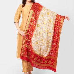 Dupatta Bazaar White & Red Banarasi Bhandej Gharchola Silk Dupatta-37