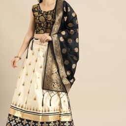 Shaily Cream-Coloured & Black Woven Design Semi-Stitched Lehenga & Ready to Wear Blouse with Dupatta-19