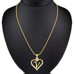 Heer Collection Cubic Zircon Studded Heart Shape Alphabet 'V' Pendant With Chain image 2