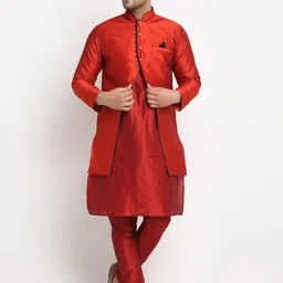 Benstoke Men Maroon Woven-Design Sherwani Set-image-43