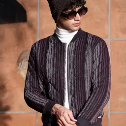 Campus Sutra Striped Spread Collar Lightweight Cotton Bomber with Embroidered Jacket-picture-8