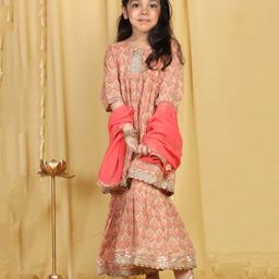 AJ Dezines Three Fourth Sleeves Gota Lace Embellished Printed Kurta With Sharara And Dupatta Set - Peach-image-70