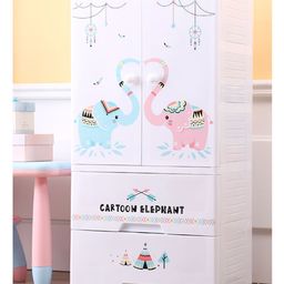 POLKA TOTS Collapsible Plastic Almirah Wardrobe 4 Smart Storage Closest Organizer Shelf Cabinet Rack - Cartoon Elephant White-13