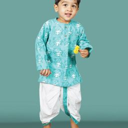 Polka Tots Full Sleeves Ethnic Turban MotifPrinted Kurta With Coordinating Dhoti Set - Sky Blue-image-46