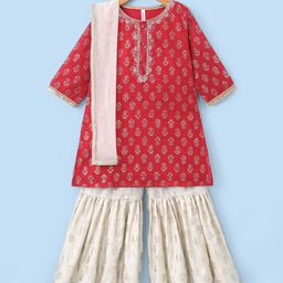 Babyhug Three Fourth Sleeves Foil Printed Kurti Sharara and Dupatta Set - Red-image-11
