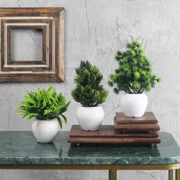 Foliyaj Artificial Mini Green Plants with White Apple Shaped Pots - Combo of 3-picture-23