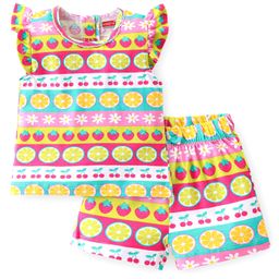 Babyhug Cotton Knit Single Jersey Frill Sleeves Night Suit With Fruits Theme Print - Multicolour-image-38