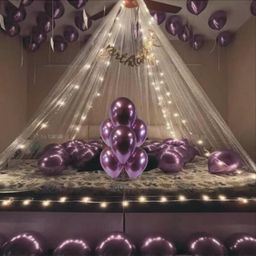 Surprise Decor 61pcs Chrome Purple with white net Party Supplies Birthday Decorations for Girls Boys, Balloons, Net Backdrop, Led light for Party Decoration (Purple White) Size - 10ft X 5ft-12