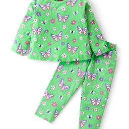 Babyhug Cotton Knit Full Sleeves Night Suit Butterfly Print - Light Green-image-41