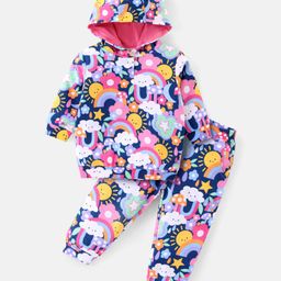 Babyhug Cotton Knit Full Sleeves Hooded Top & Lounge Pants Co-Ord Set With Floral Print - Pink-image-89