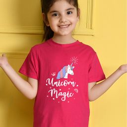 NUSYL Cotton Half Sleeves Unicorn & Text Printed Tee - Pink-image-57