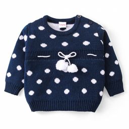 Babyhug Knitted Full Sleeves Pullover Sweater with Polka Dots Design & Pom Pom Applique - Navy Blue-image-68