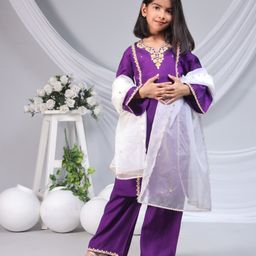 misbis Silk blend Full Sleeves Floral Embroidered & Sequin Embellished Kurta Set With Dupatta-Purple-image-43