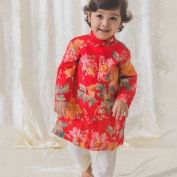 Tiber Taber Cotton Full Sleeves Floral Printed Kurta Pyjama Set - Red-picture-39