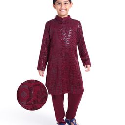 Earthy Touch Woven Full Sleeves Sequins Velvet kurta Pyjama Set - Maroon-image-52