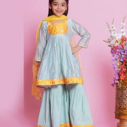 Little Bansi Chanderi Silk Three Fourth Sleeves Lace Embellished & Floral Embroidered Coordinating Kurta Sharara With Dupatta Set - Dolphin Green-image-32