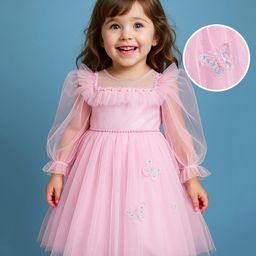 Babyhug Woven Full Puffed Sleeves Party Dress With Butterfly Applique & Pearl Detailing - Baby Pink-image-52
